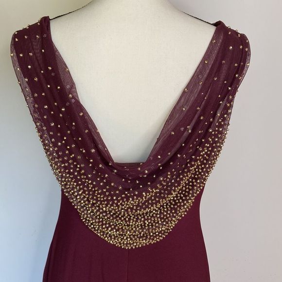 Cachet Gown Maxi Gold Beads Front & Back Neckline Burgundy Color Formal Gown - Picture 9 of 13